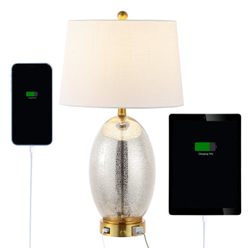 Reese Contemporary Style Iron/Glass LED Table Lamp with USB Charging Port - JONATHAN Y